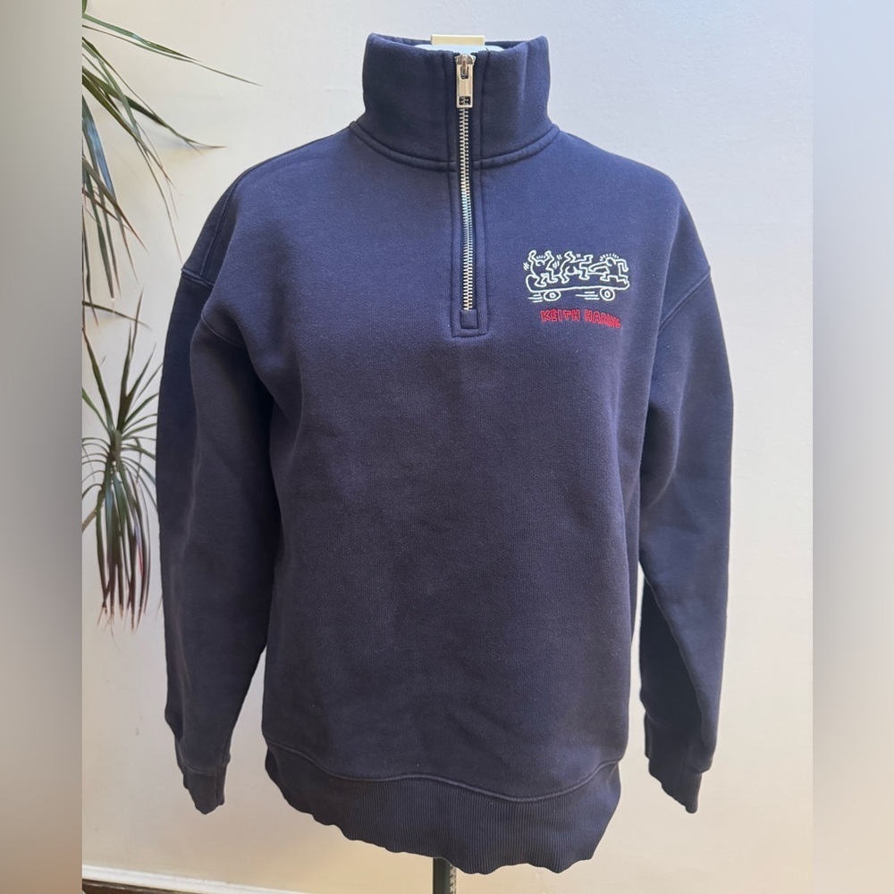 H&M x Keith Haring Navy Blue Quarter-Zip Sweatshirt - Relaxed Fit